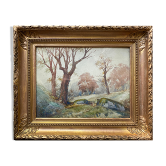 Watercolor painting signed A. Jaffoux "Landscape of undergrowth" with frame
