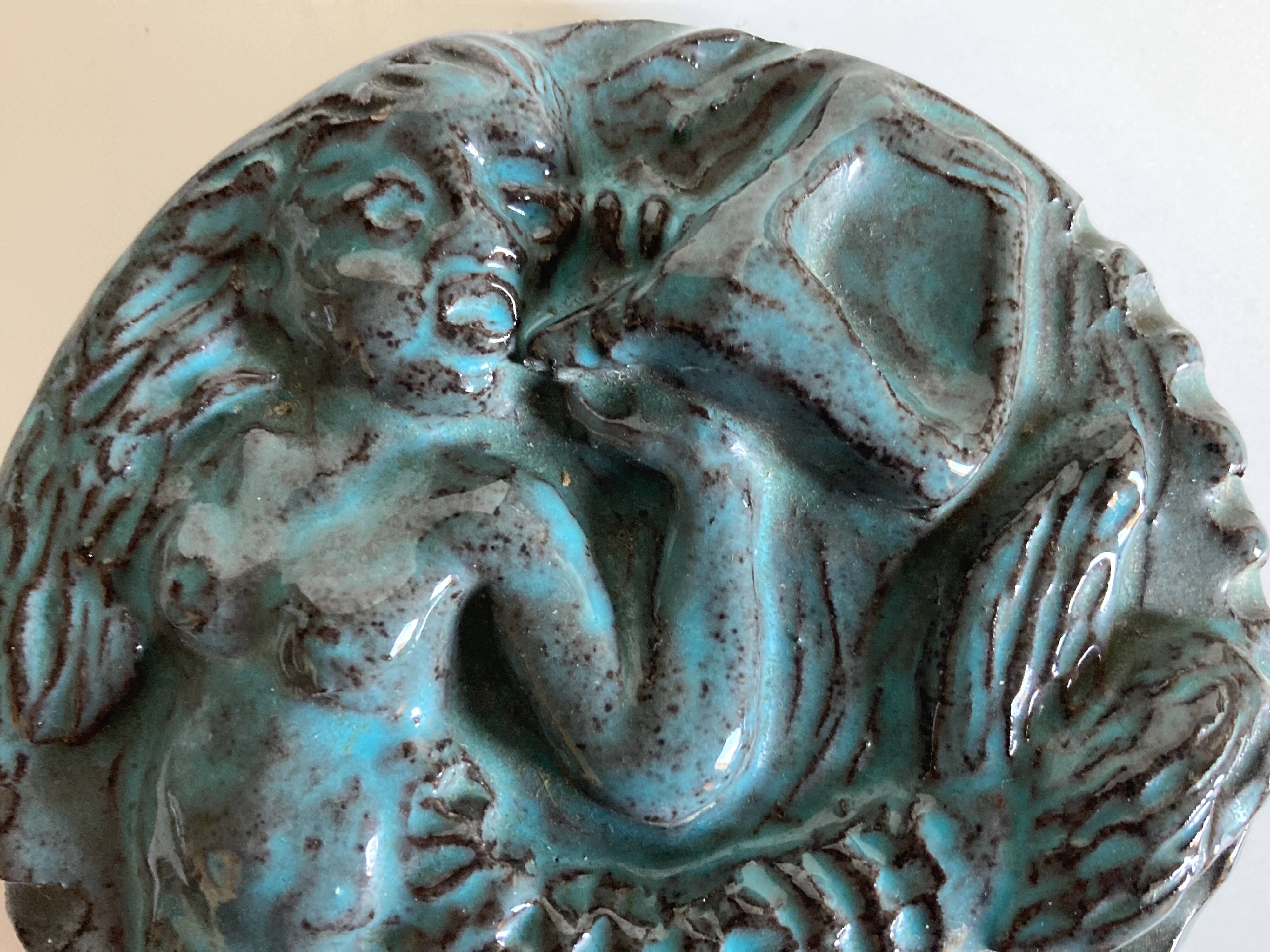 Green-blue enameled ceramic (stoneware) candy box with mermaid decoration, mid-20th century