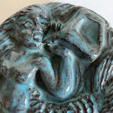Green-blue enameled ceramic (stoneware) candy box with mermaid decoration, mid-20th century