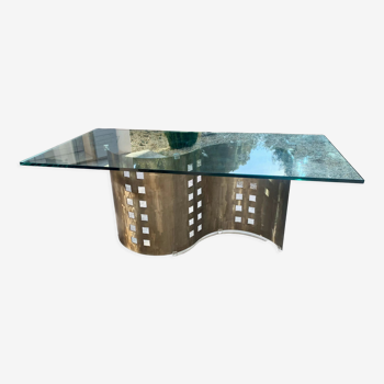 Dining table brushed metal design and glass top