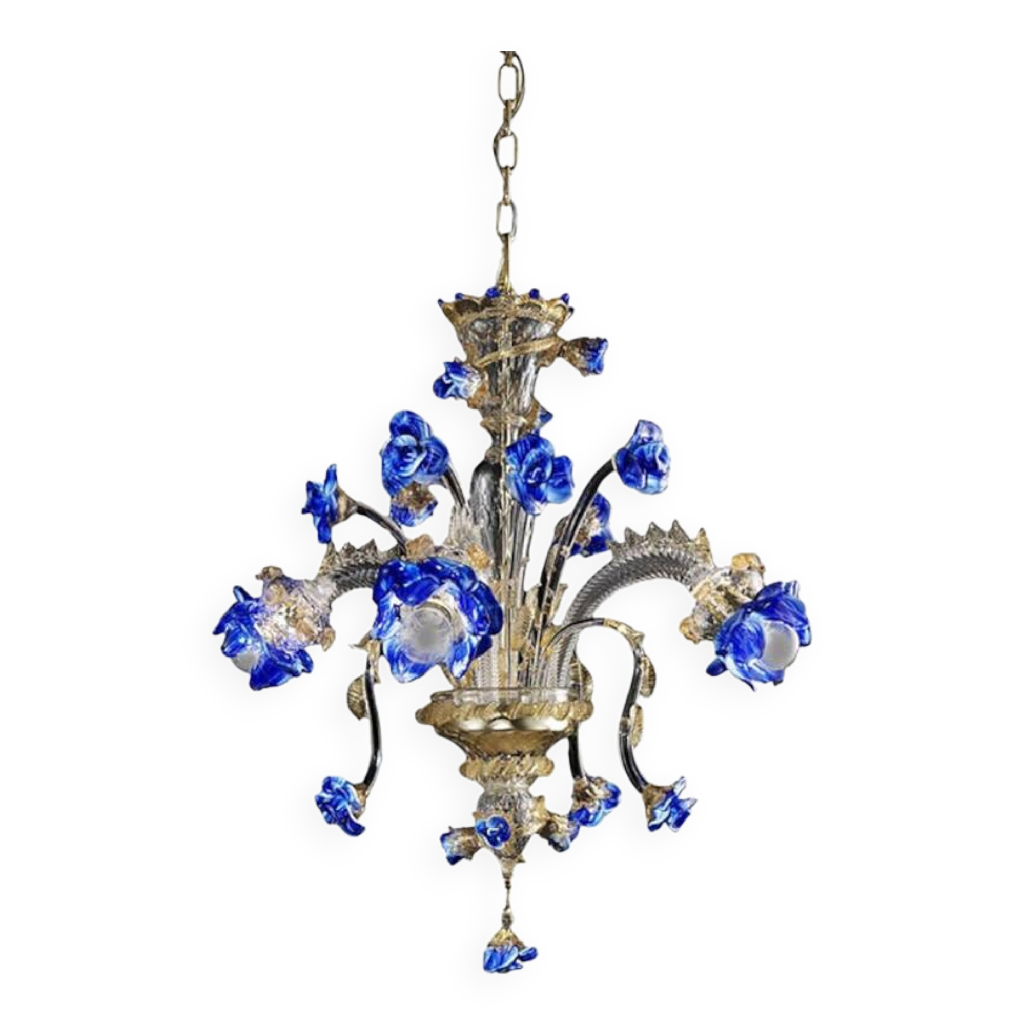 Venetian Blue and Gold Flowers Glass Chandelier