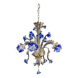 Venetian Blue and Gold Flowers Glass Chandelier