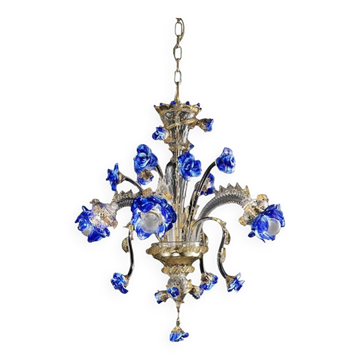 Venetian Blue and Gold Flowers Glass Chandelier