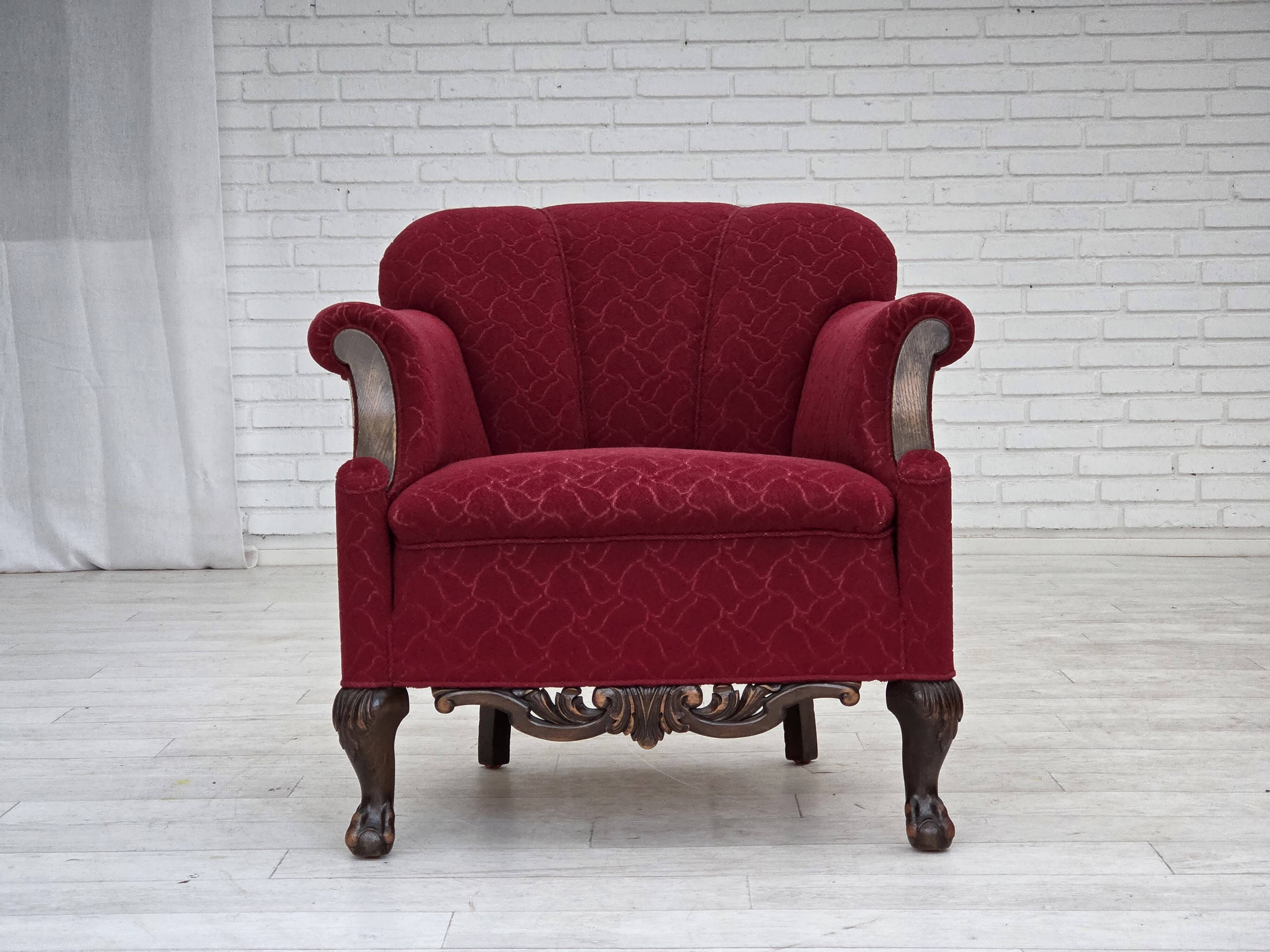 1950s, Danish armchair, red and light grey furniture wool, carved oak wood.