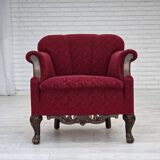 1950s, Danish armchair, red and light grey furniture wool, carved oak wood.