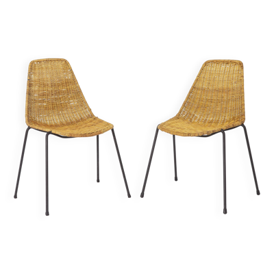 Ensemble de 2 chaises panier Gianfranco Legler, chaises en rotin des années 1950, style milieu de siècle.