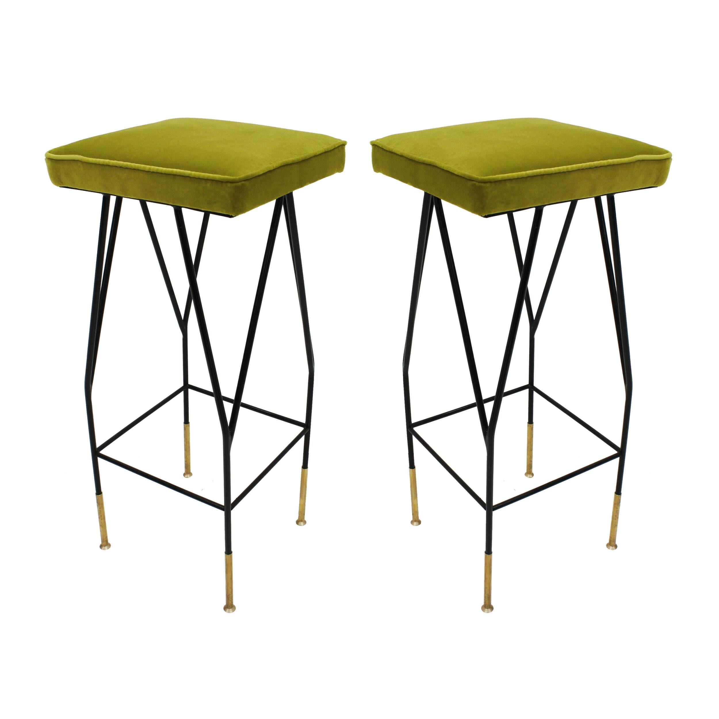 Italian Mid-Century Modern Square Black Lacquered Iron Lime Cotton Stools