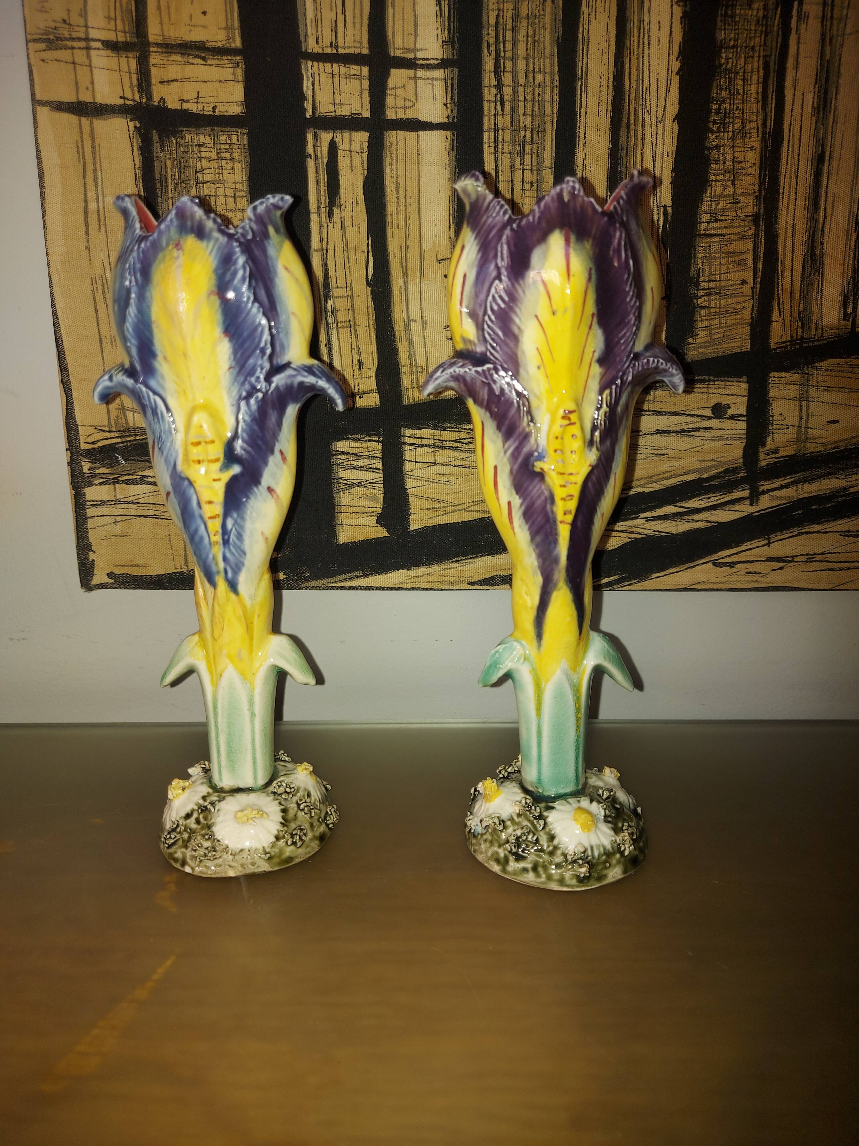 Pair of art nouveau slip vases, soliflore, iris
