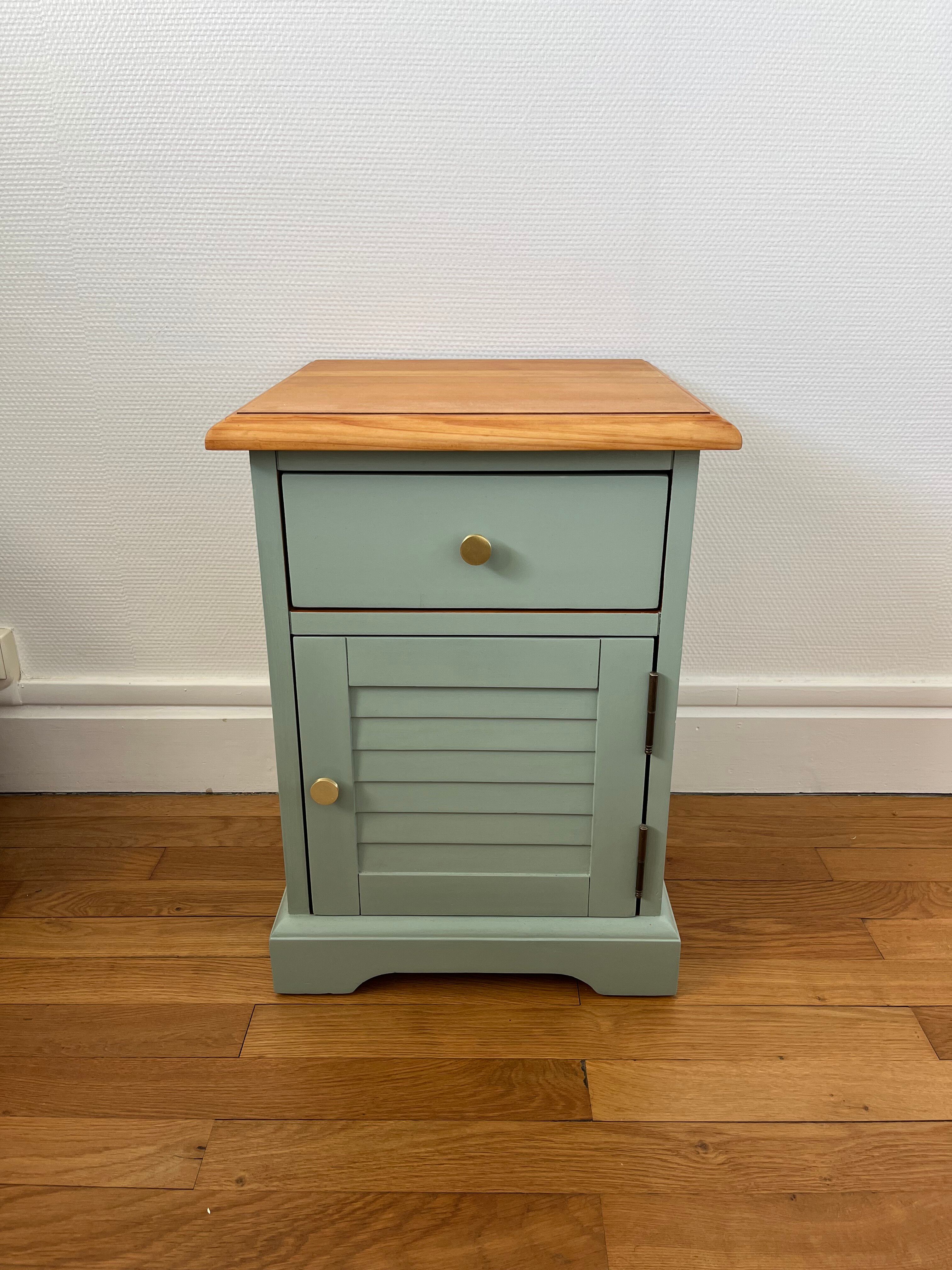 Bedside table, sage green – natural wood top