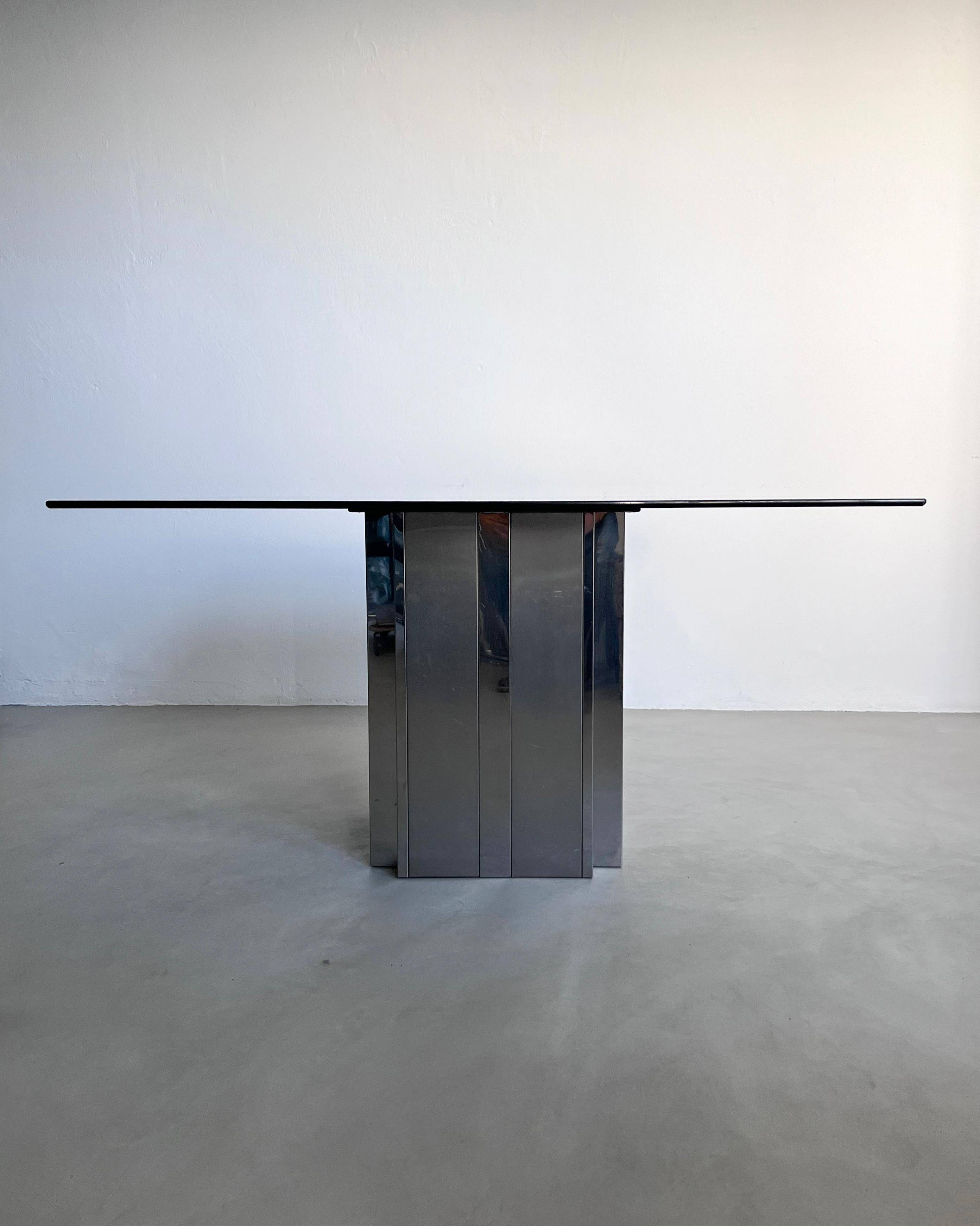 Square Dining Table in Metal and Smoked Glass, 1970's Paul Evans Style