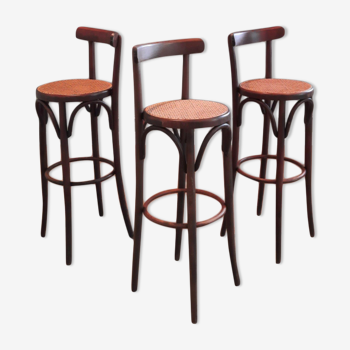 Set of 3 curved wooden bar stools with rattan seat 70s 80s