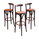 Set of 3 curved wooden bar stools with rattan seat 70s 80s
