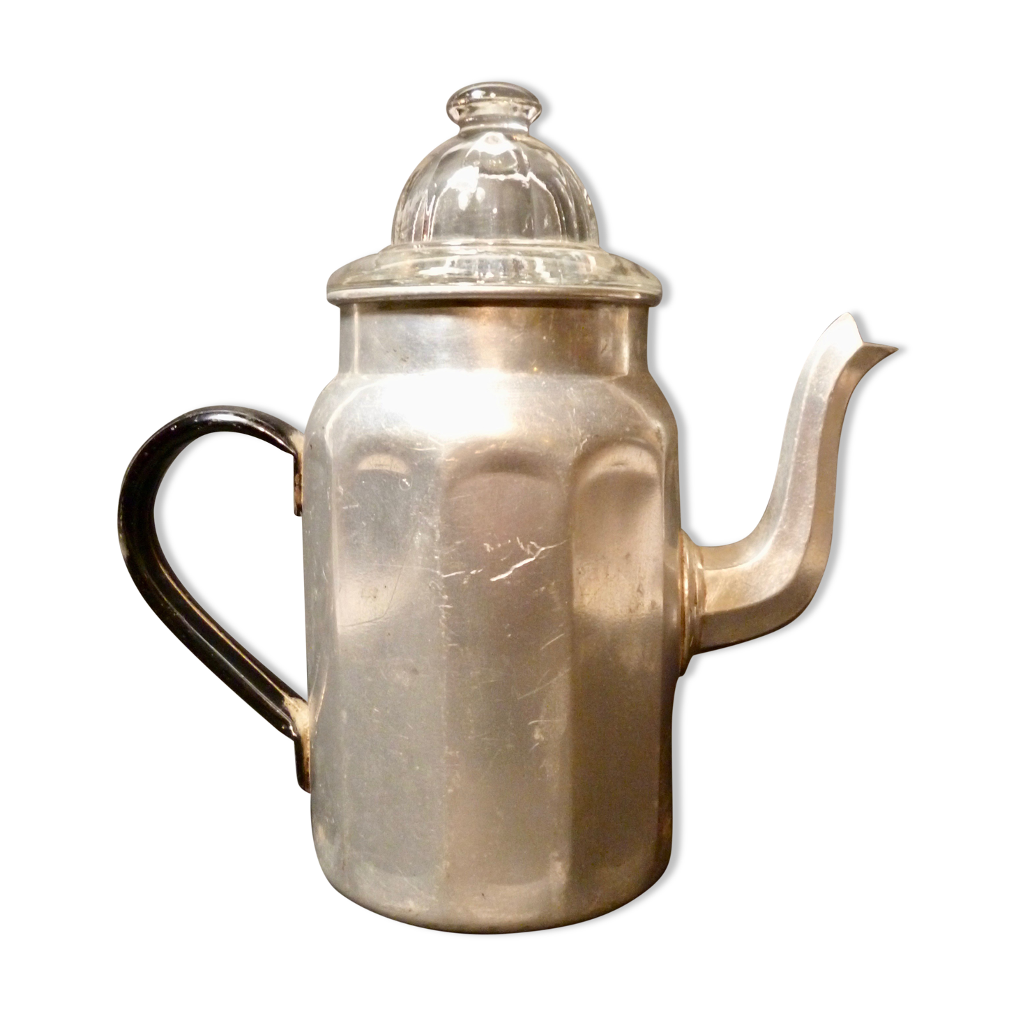 Cafetière aluminium ancienne à cabochon de verre