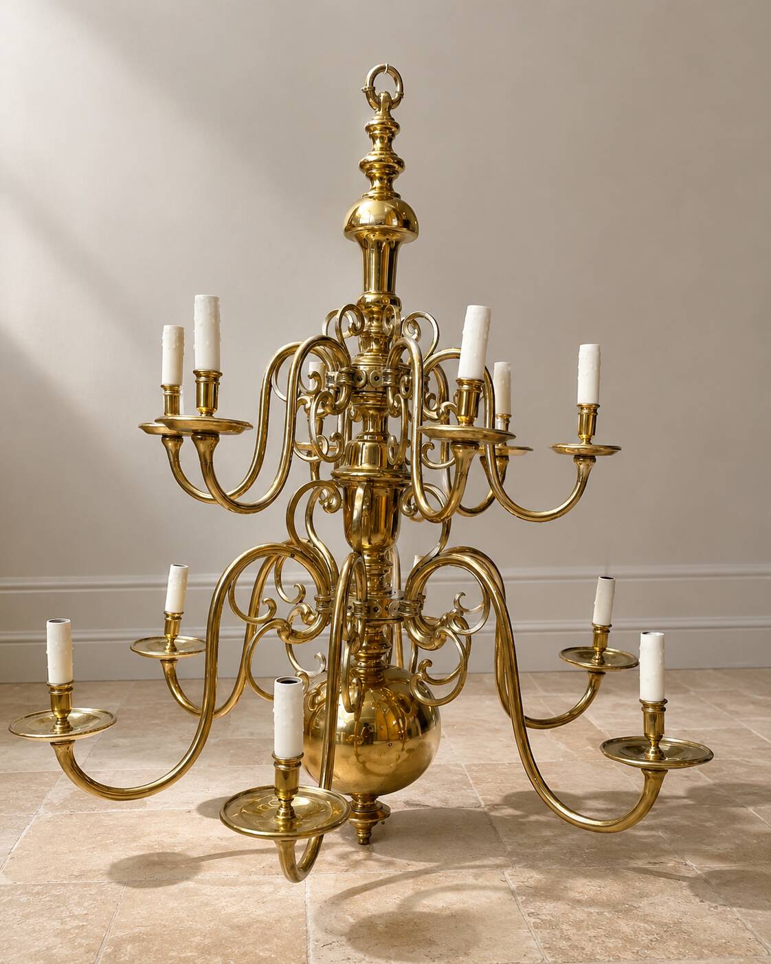 Large Dutch brass chandelier, 12 lights