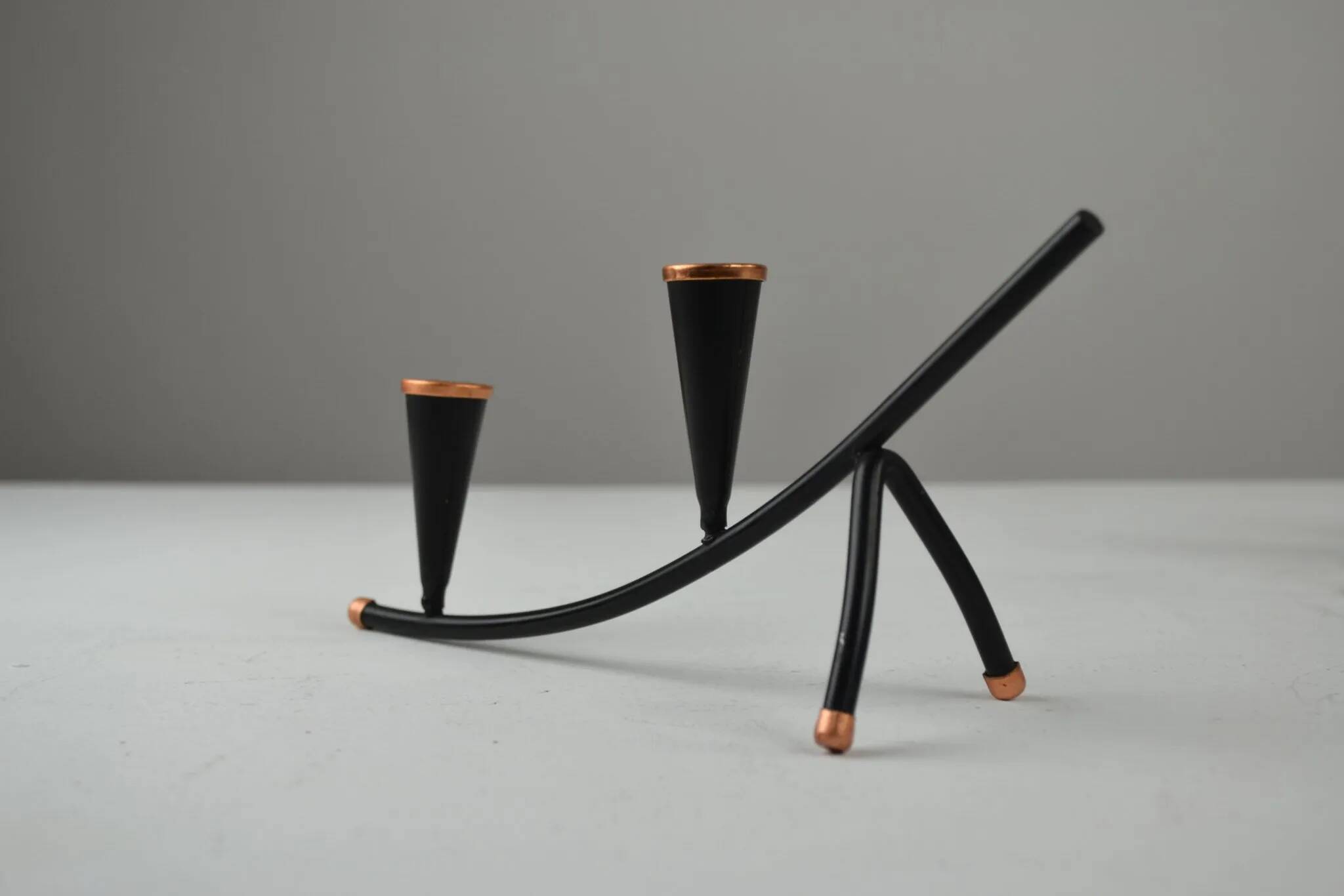 Black Painted Metal Candle Holder with Copper Detailing – Gunnar Ander for Ystad-Metall, Sweden, 1950s