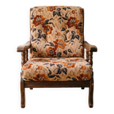 Fauteuil en bois et tissu fleuri, années 70