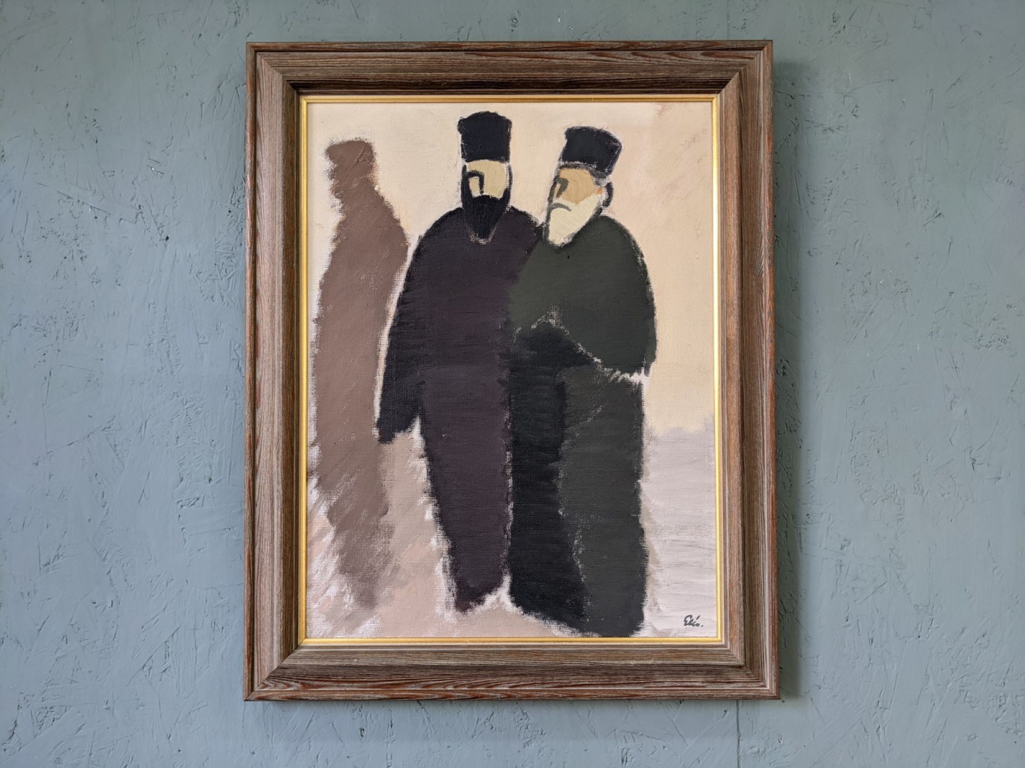 Mid-Century Modern Swedish "The Priests" Vintage Figurative Oil Painting, Framed