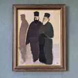 Mid-Century Modern Swedish "The Priests" Vintage Figurative Oil Painting, Framed