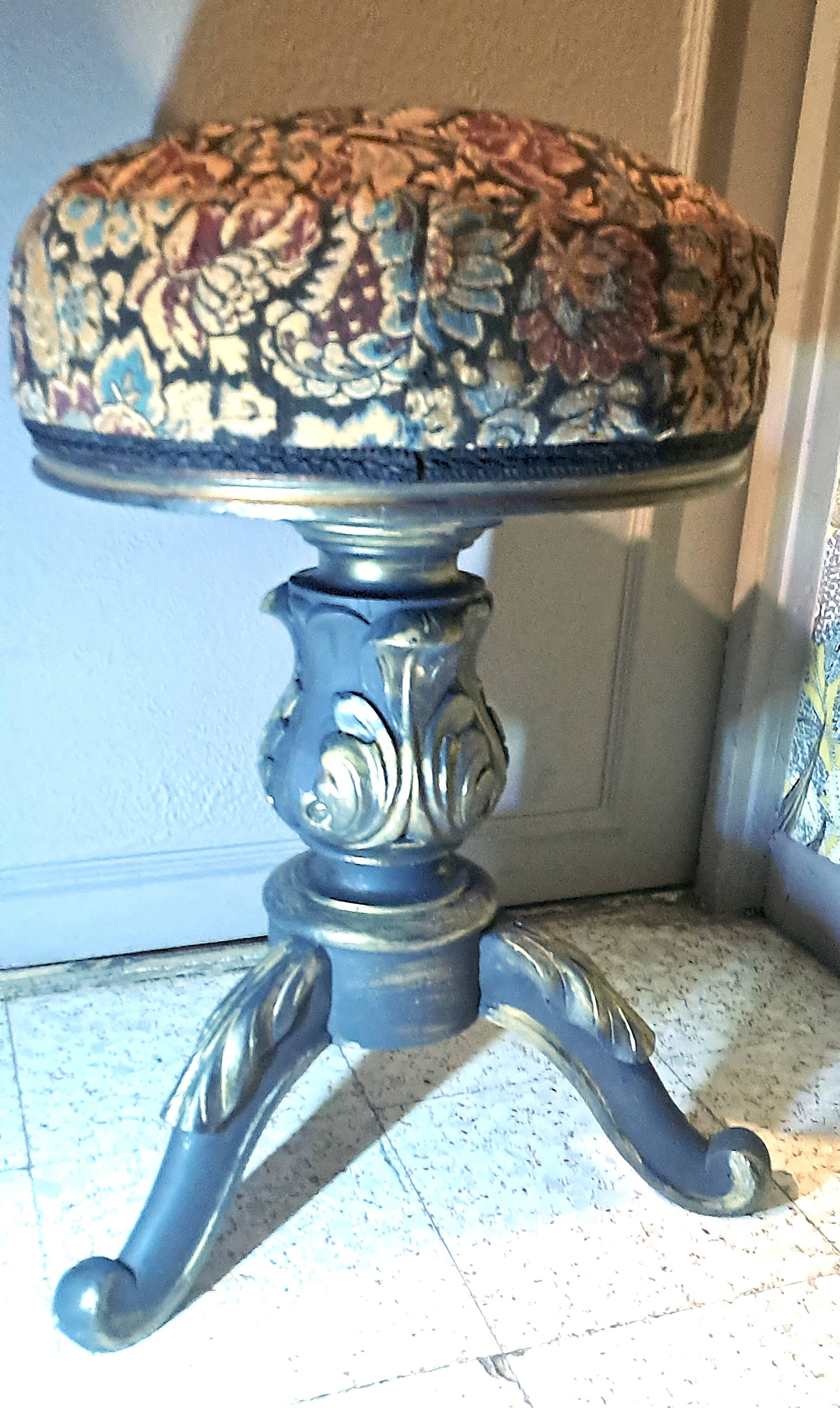 Victorian Piano Stool, Patinated Wood, Upholstered Fabric, 19th Century, France