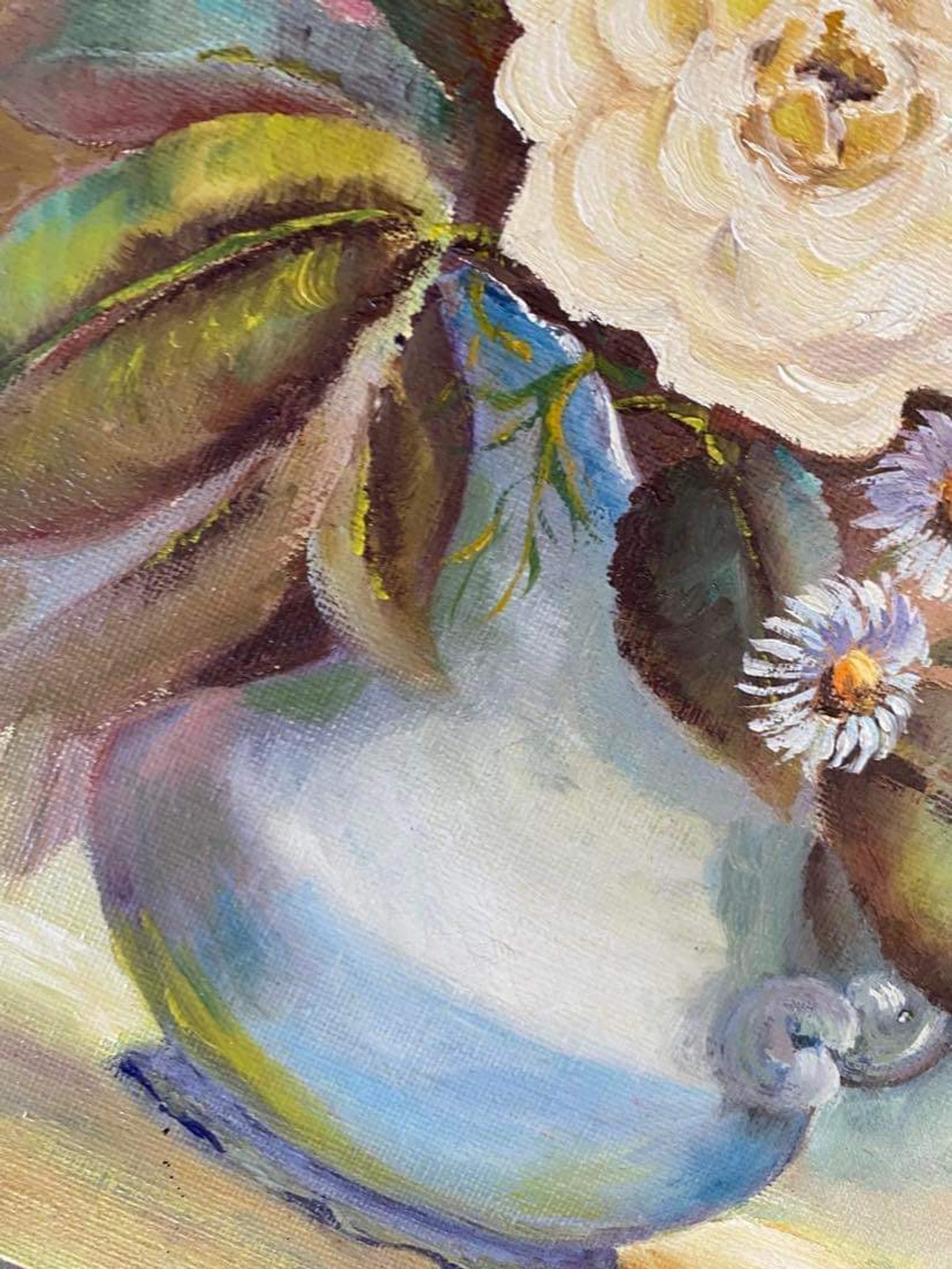 Oil painting bouquet of flowers in a vase.