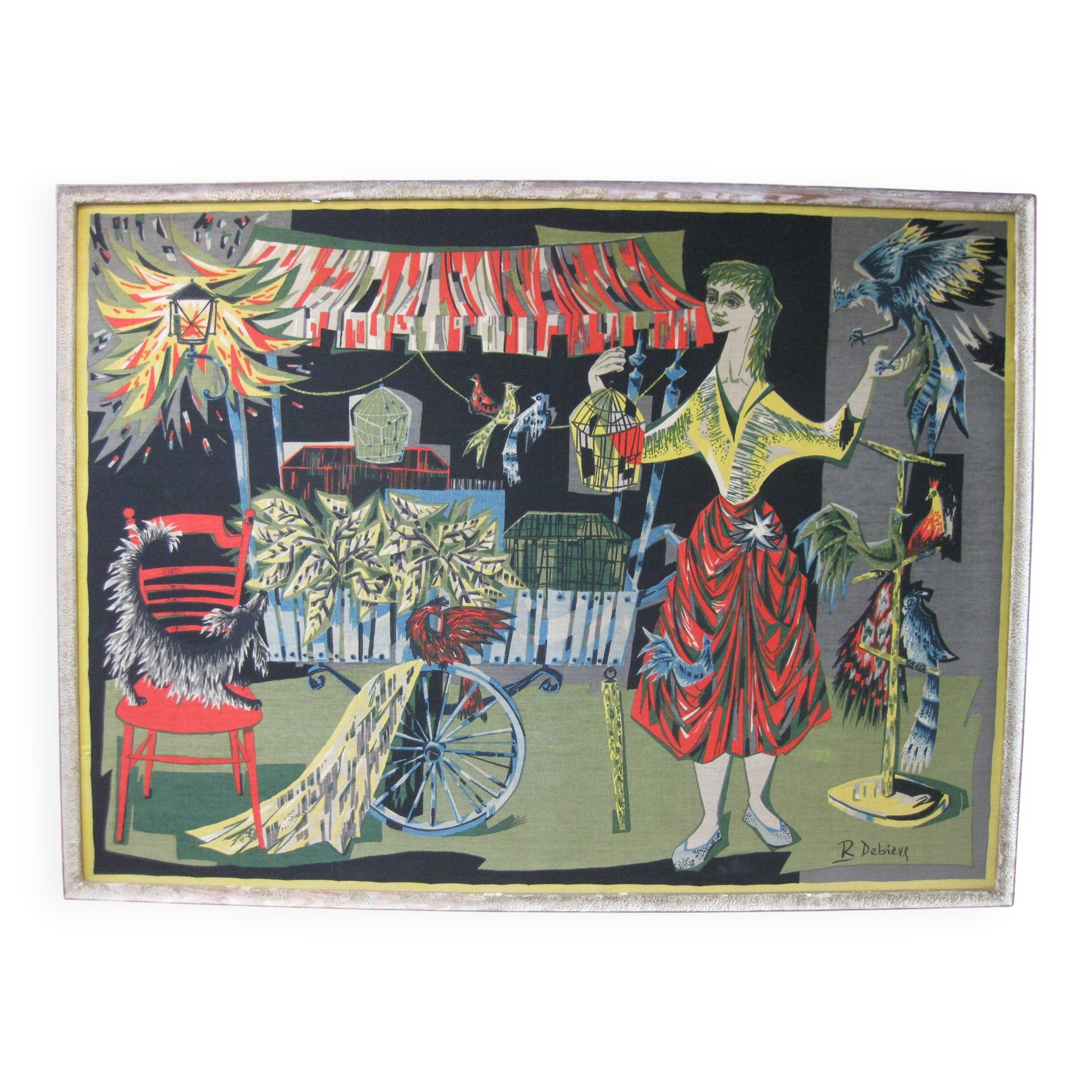 Vintage tapestry by Robert Debiève "The Bird Seller"