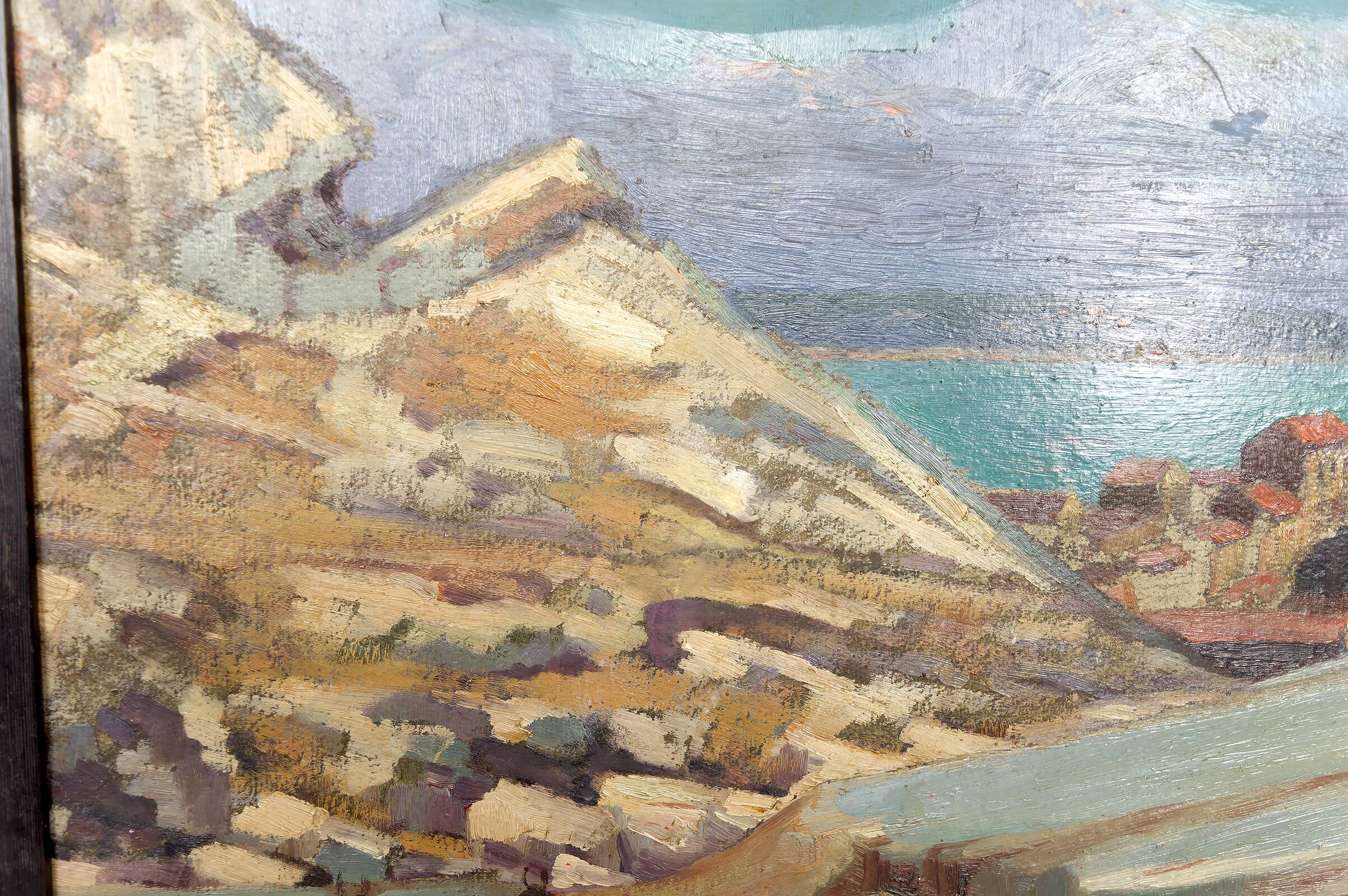Painting, Oil on panel, "Mediterranean Coastal Town", France, 1930