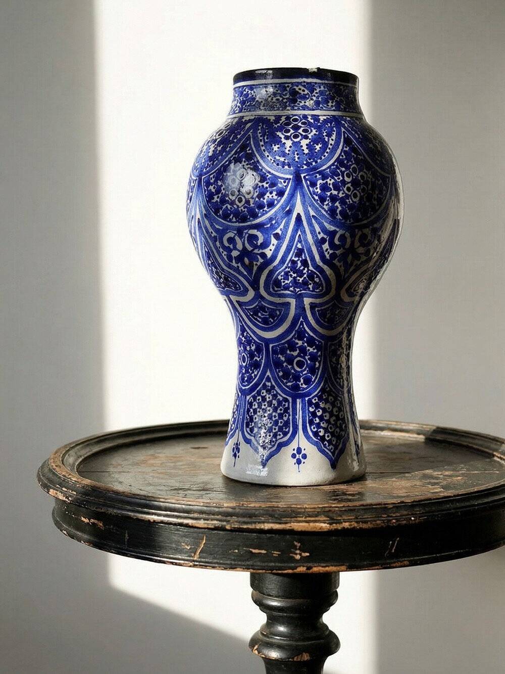 Large Moroccan vase/jar from Fès, handcrafted ceramic Khabia, 19th-20th century, cobalt.