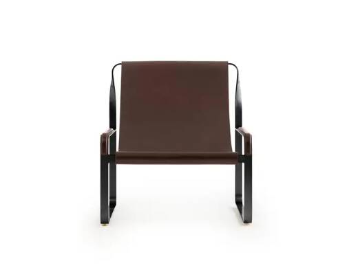 Fauteuil artisanal contemporain en acier noir et cuir marron