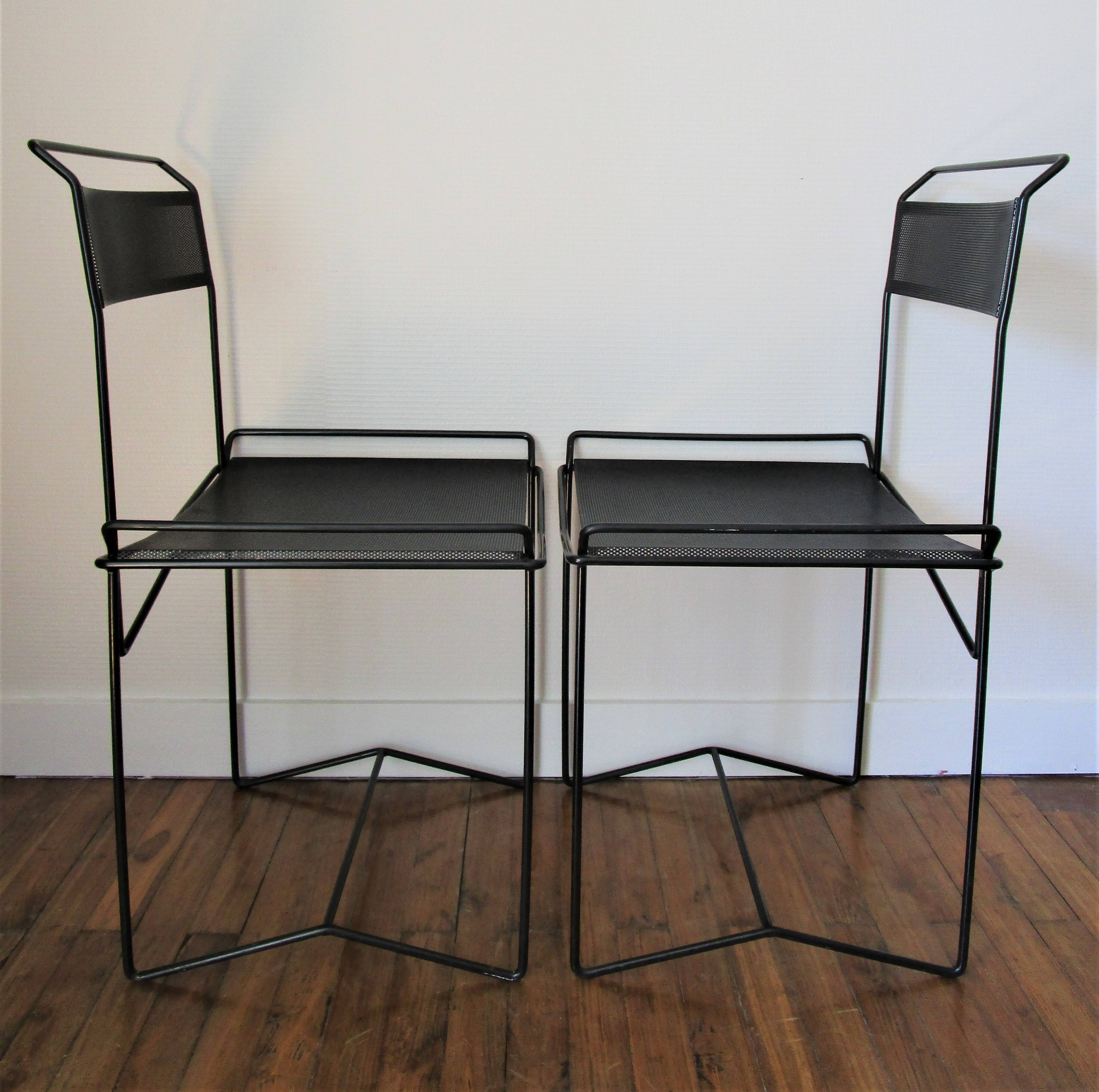 Pair of perforated metal steel chairs from the 80s