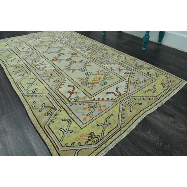 1970s vintage Turkish Oushak handmade wool cotton green area rug 115x205
