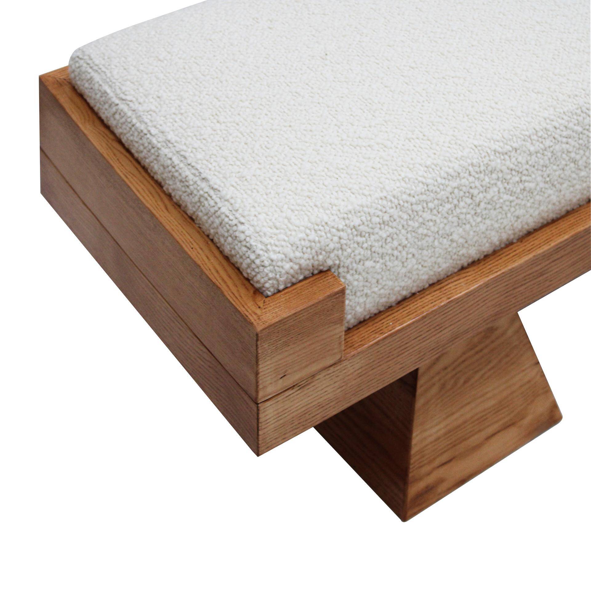 Brutalist Style Bench with Solid Oak Pyramid Bases and Ivory Bouclé Upholstery