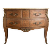 Louis XV style commode in marquetry – Marble top – Bronze fittings