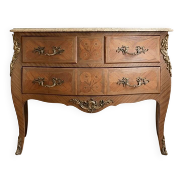 Louis XV style commode in marquetry – Marble top – Bronze fittings