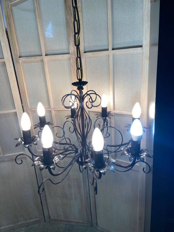 Ancien grand lustre plafonnier fer forgé art populaire déco rétro antique france