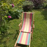 Vintage children's deckchair, sun lounger, striped canvas, 1960-1970.