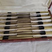 Set of 12 vintage knives, stainless steel blade and silver handle + box