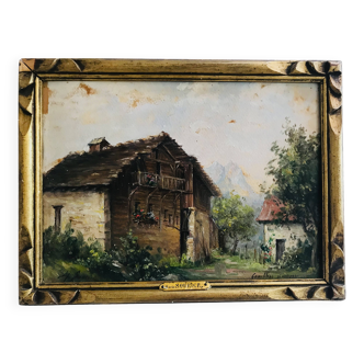 Tableau, vue sur les Alpes à Combloux, signé de Sourice Marie et daté de 1931