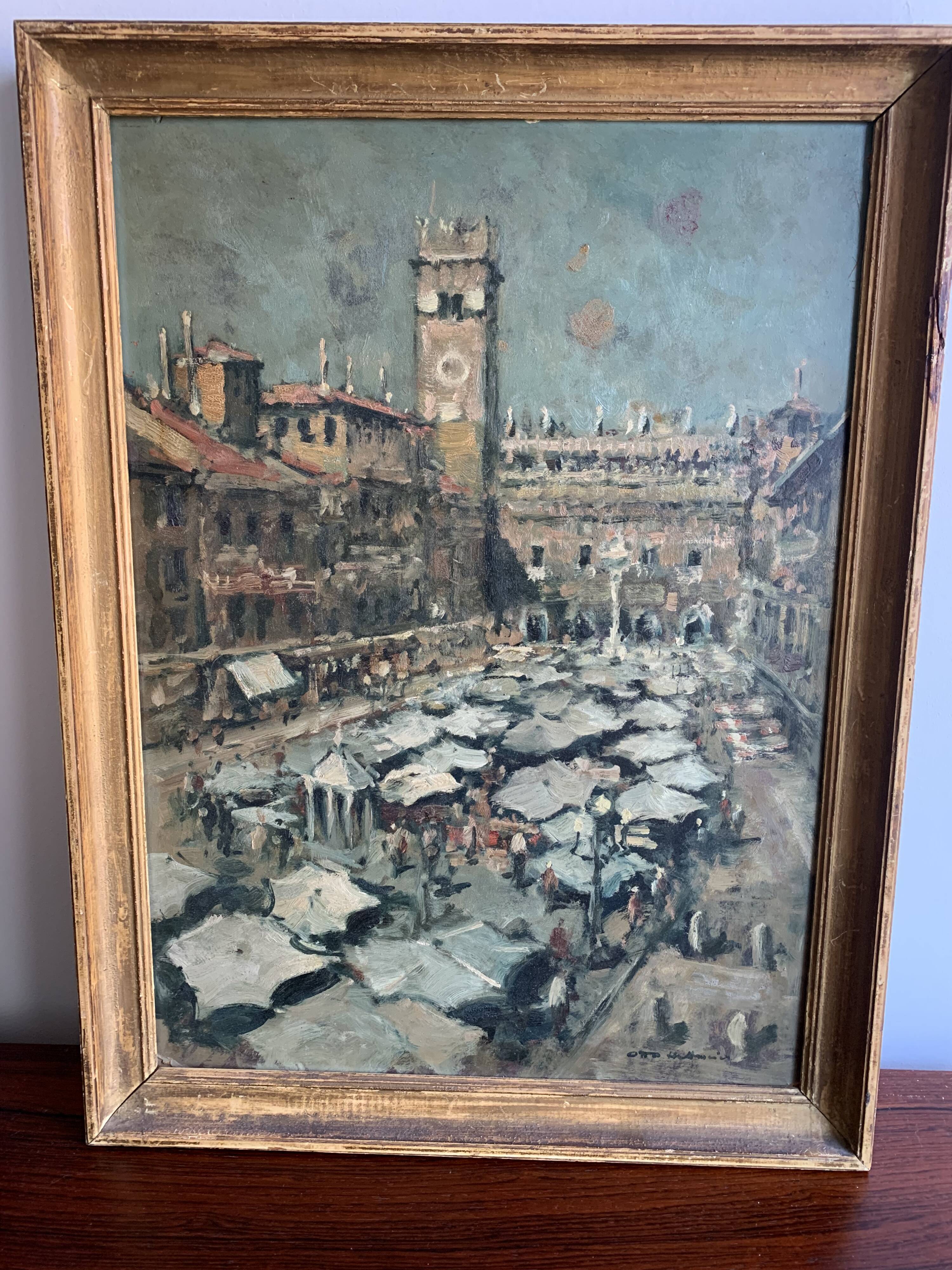 Vintage Oil Painting Italy  Market Scene
