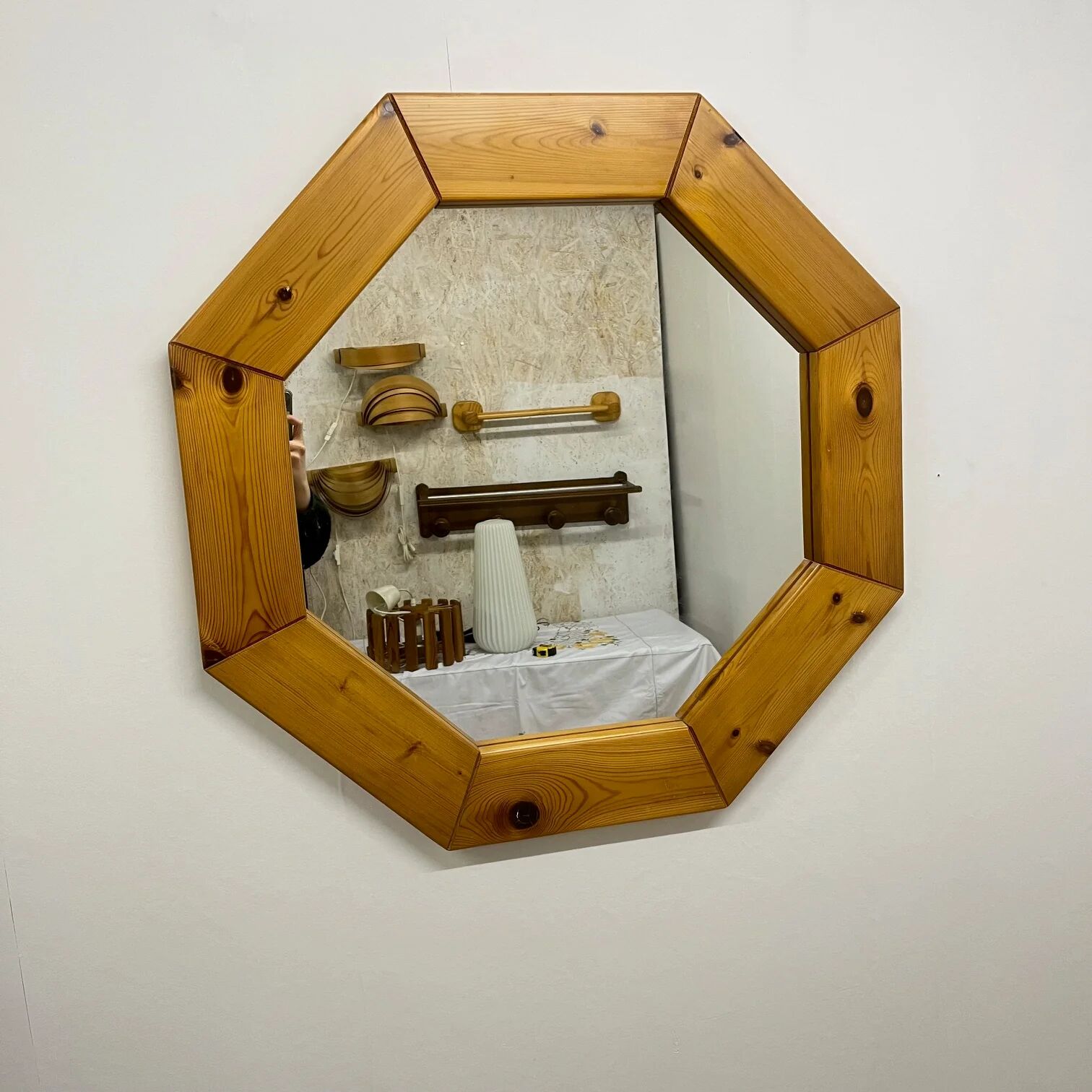 Large octagonal pine mirror, Scandinavian, 1980.