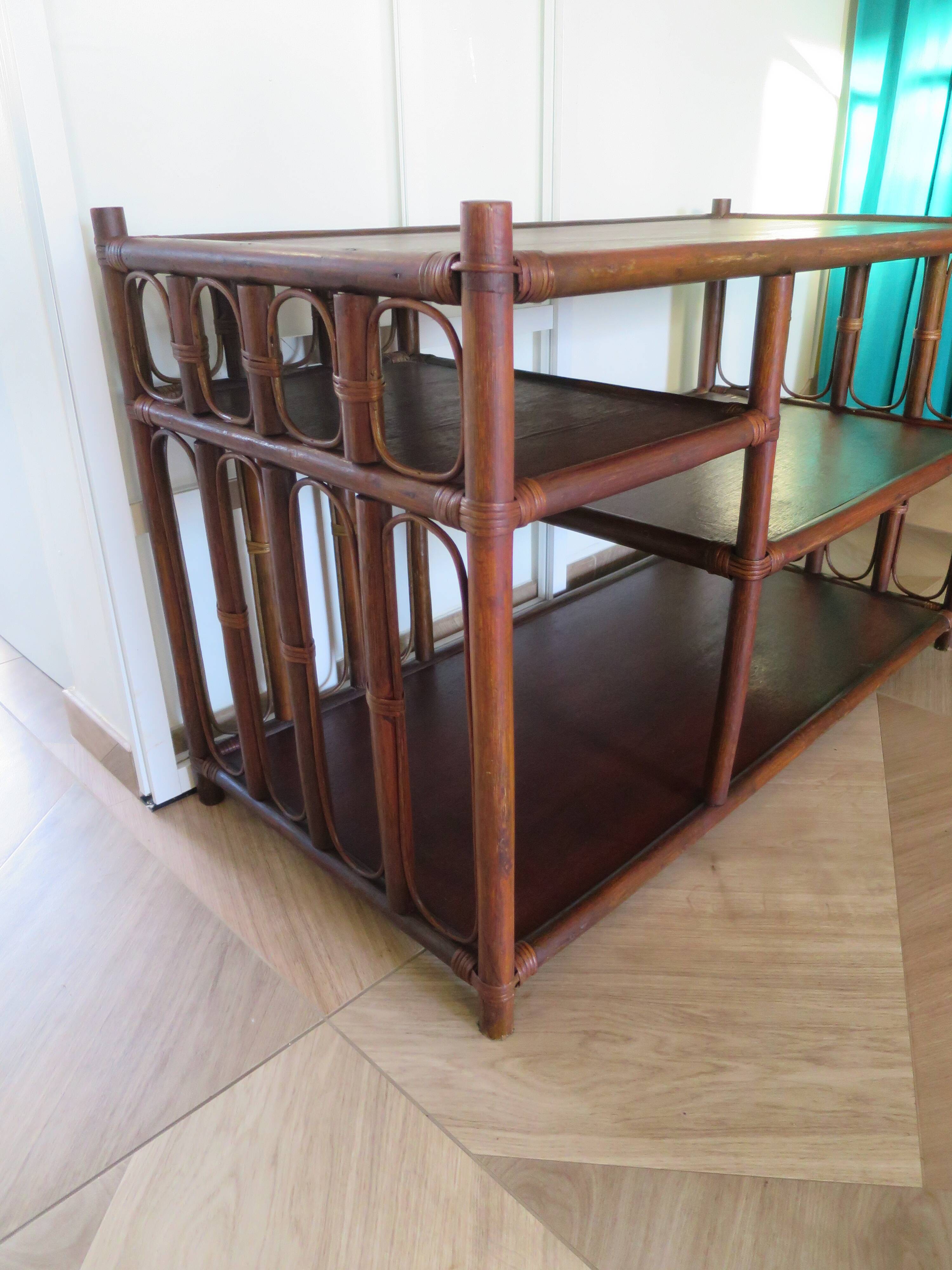Retro side table - vinyl furniture - rattan and bamboo - 1980s