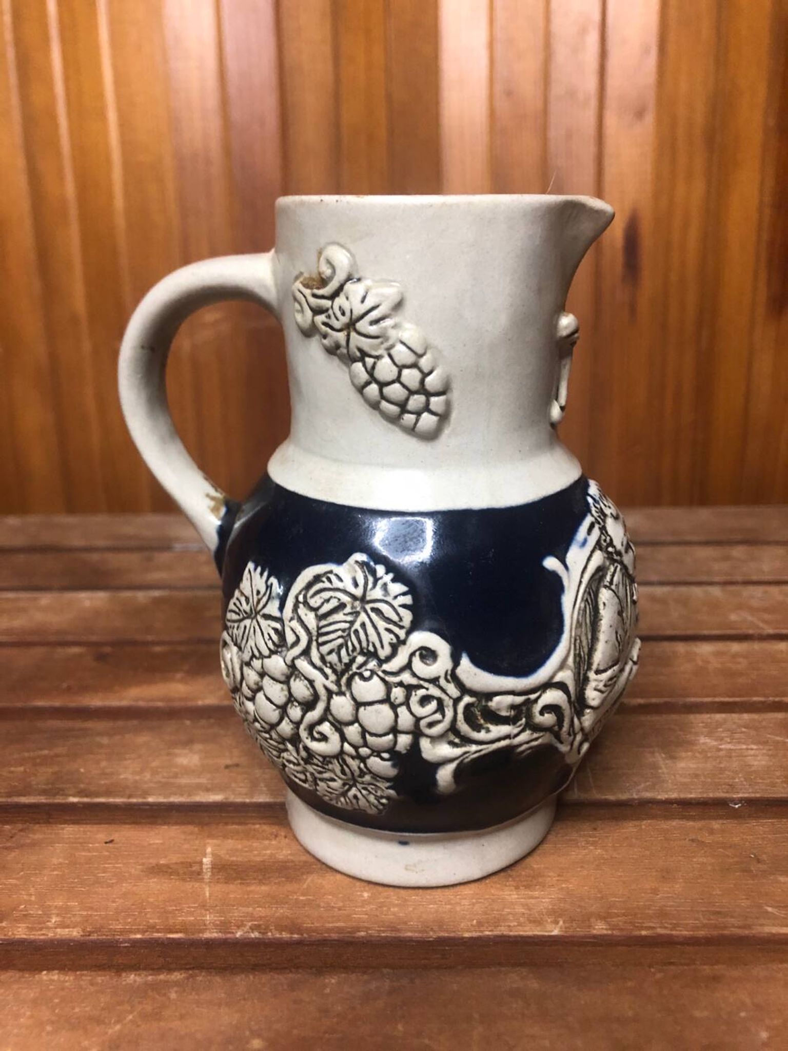 Old alsace ceramic pitcher gray blue vintage vines decor
