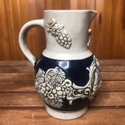 Old alsace ceramic pitcher gray blue vintage vines decor