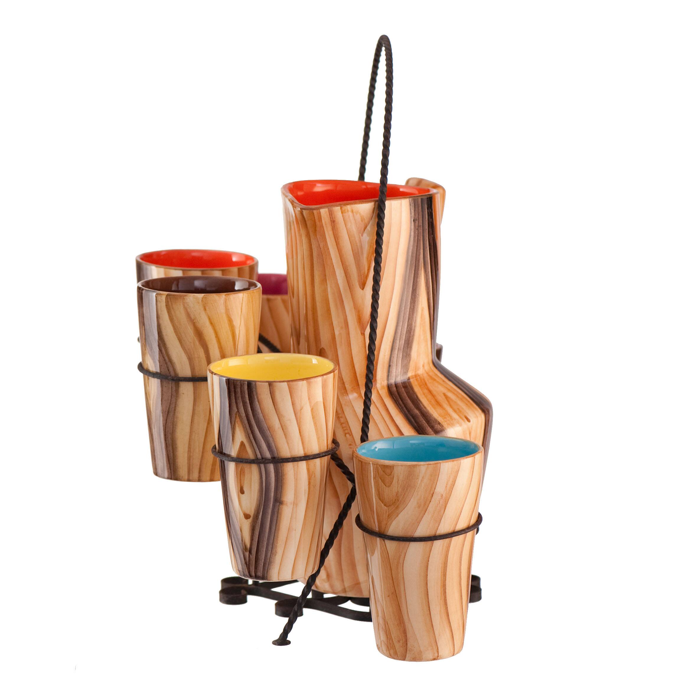 Orangeade service pitcher and 6 ceramic glasses faux wood and wrought iron Vallauris year 50/60