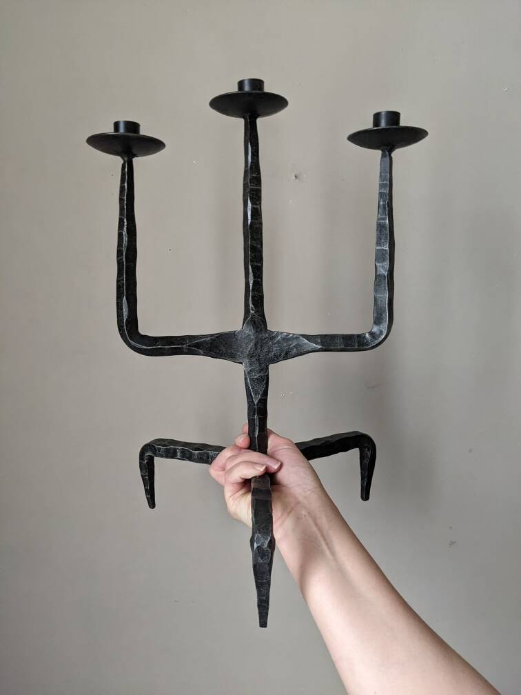 Tripod candlestick wrought iron brutalist design ironwork art candle holder