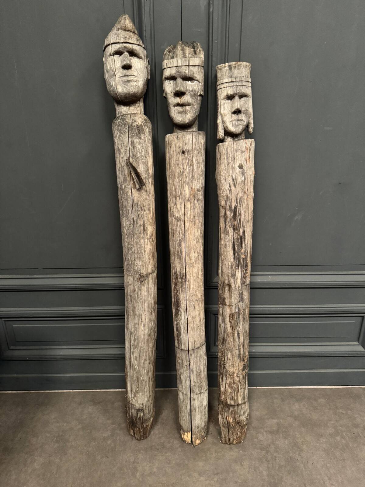 3 wooden folk art totems representing the three wise men, mid-20th century