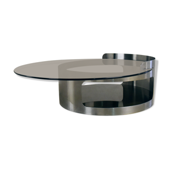Table basse années 70 en acier brossé et 2 plateaux en verre fumé