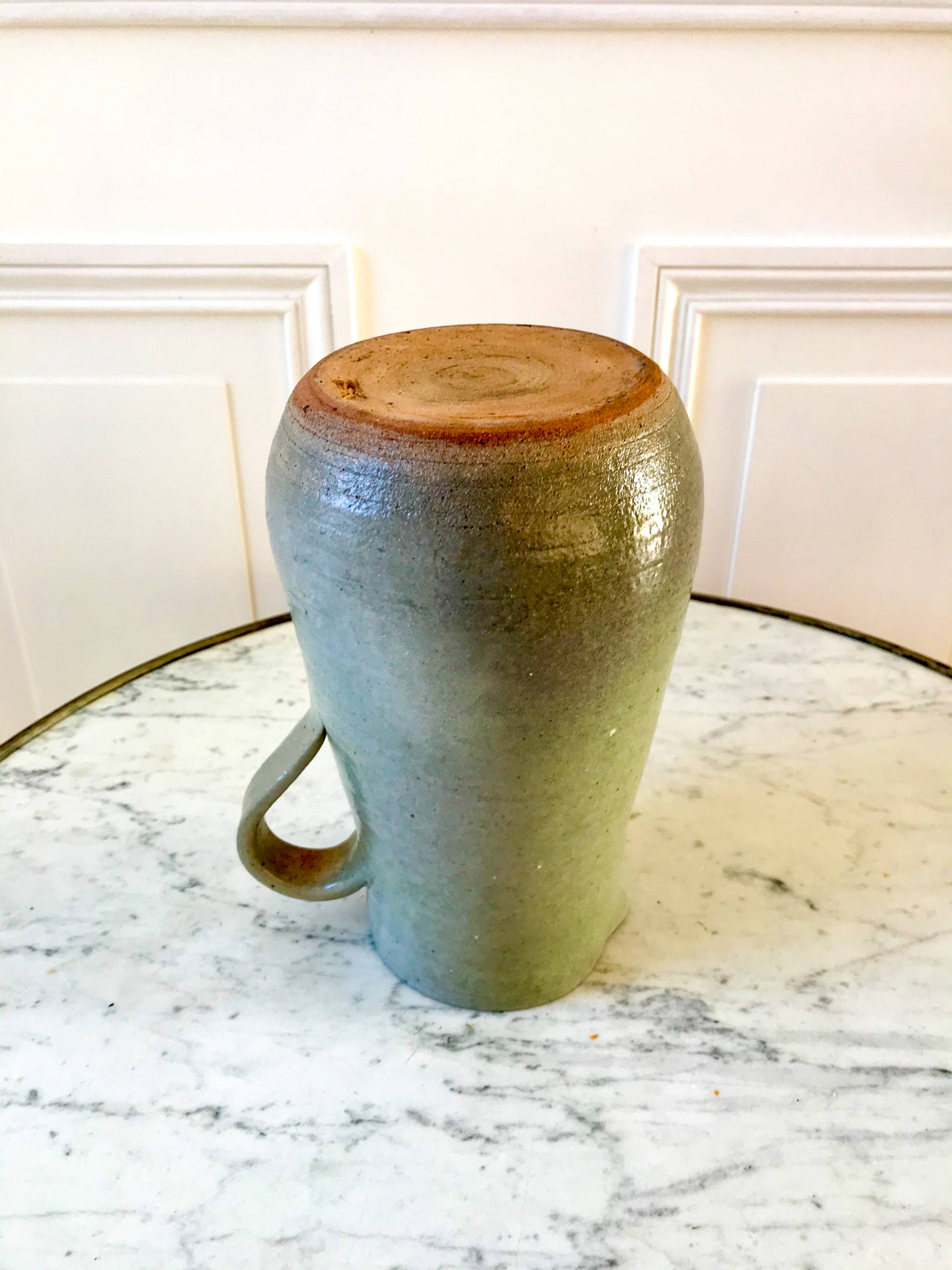 blue stoneware pitcher artisanal pottery 70s