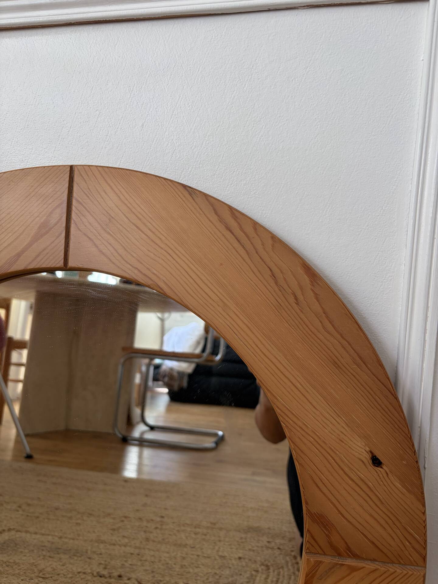 Round Scandinavian pine mirror from the 1970s.