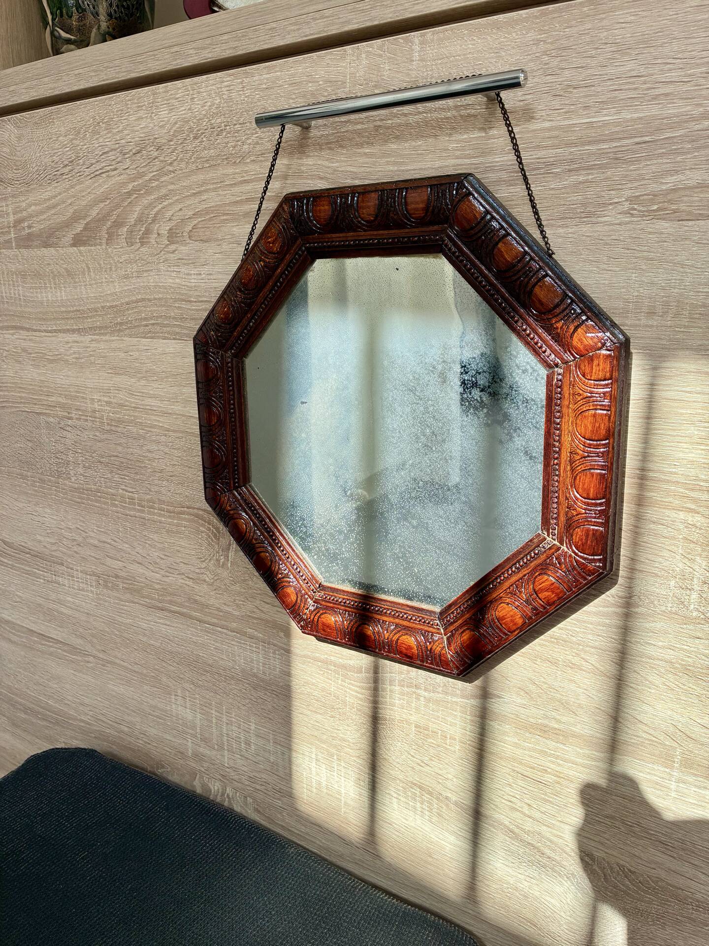 Octagonal mirror, glossy varnished oak, Art Deco.