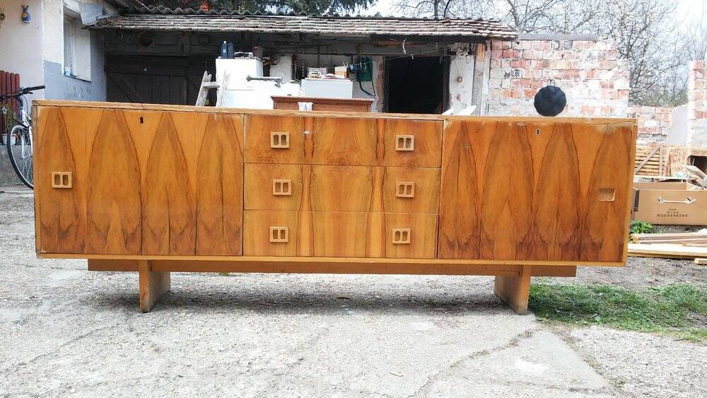 Enfilade vintage marron en bois plaqué laqué, motifs marquetés symétriques, 1960s, 210 cm